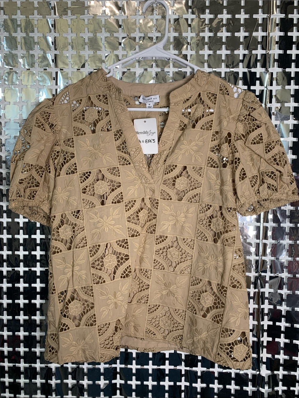 Current Air Tan Crochet Lace Short Sleeve Blouse